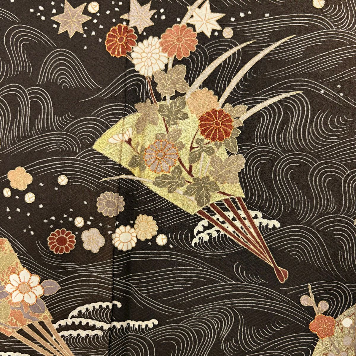 【美品】訪問服 身長163.5cm 袖長67cm M 雙層 花扇子 波 金絲 金銀彩 焦茶 純蠶絲 秀品級