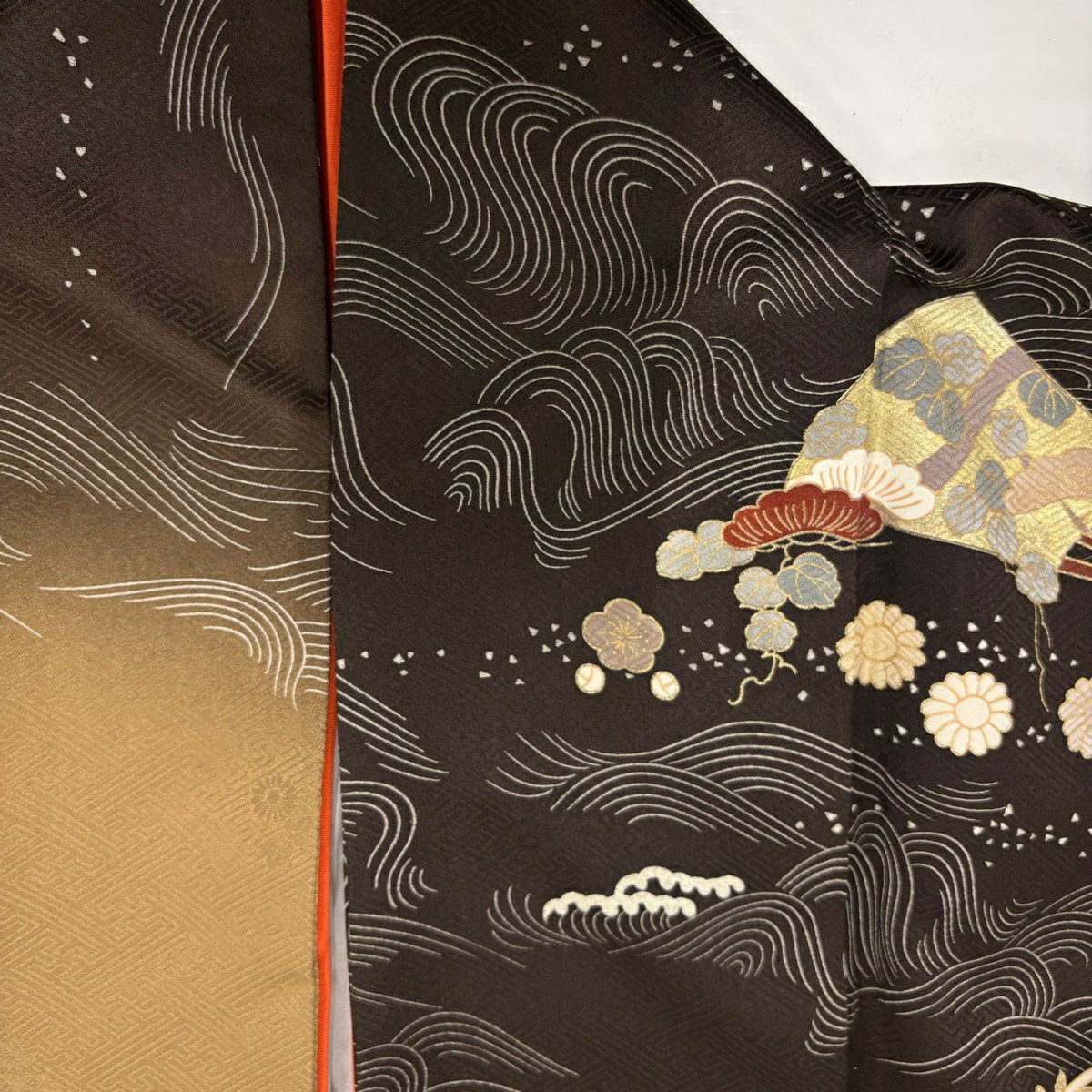 【美品】訪問服 身長163.5cm 袖長67cm M 雙層 花扇子 波 金絲 金銀彩 焦茶 純蠶絲 秀品級