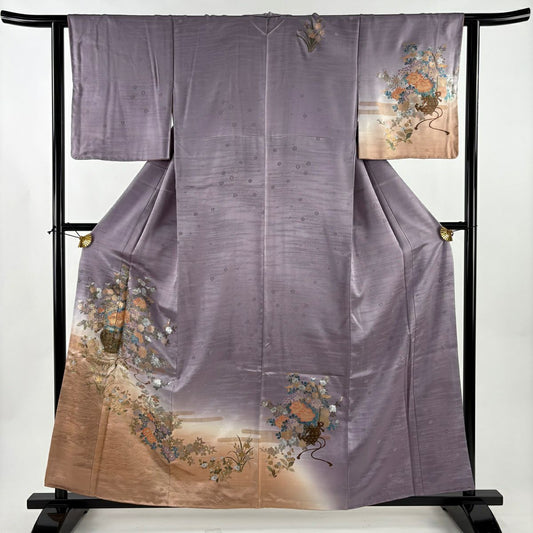 訪問服 身長160cm 袖長62cm S 雙層 花籠 波 金銀彩 染分 灰紫 純蠶絲 秀品級