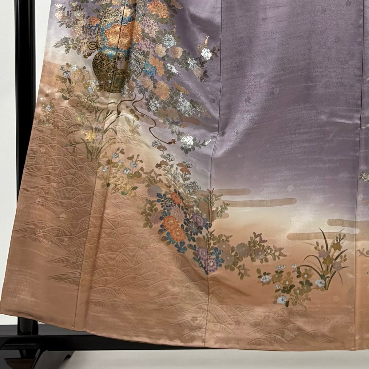 訪問服 身長160cm 袖長62cm S 雙層 花籠 波 金銀彩 染分 灰紫 純蠶絲 秀品級