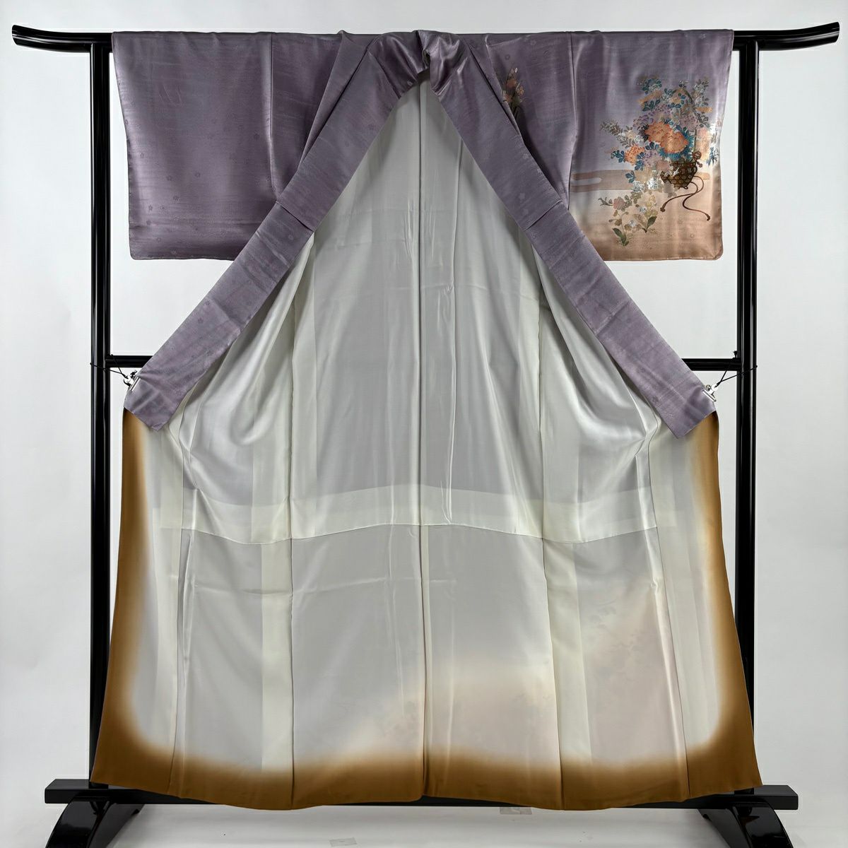 訪問服 身長160cm 袖長62cm S 雙層 花籠 波 金銀彩 染分 灰紫 純蠶絲 秀品級