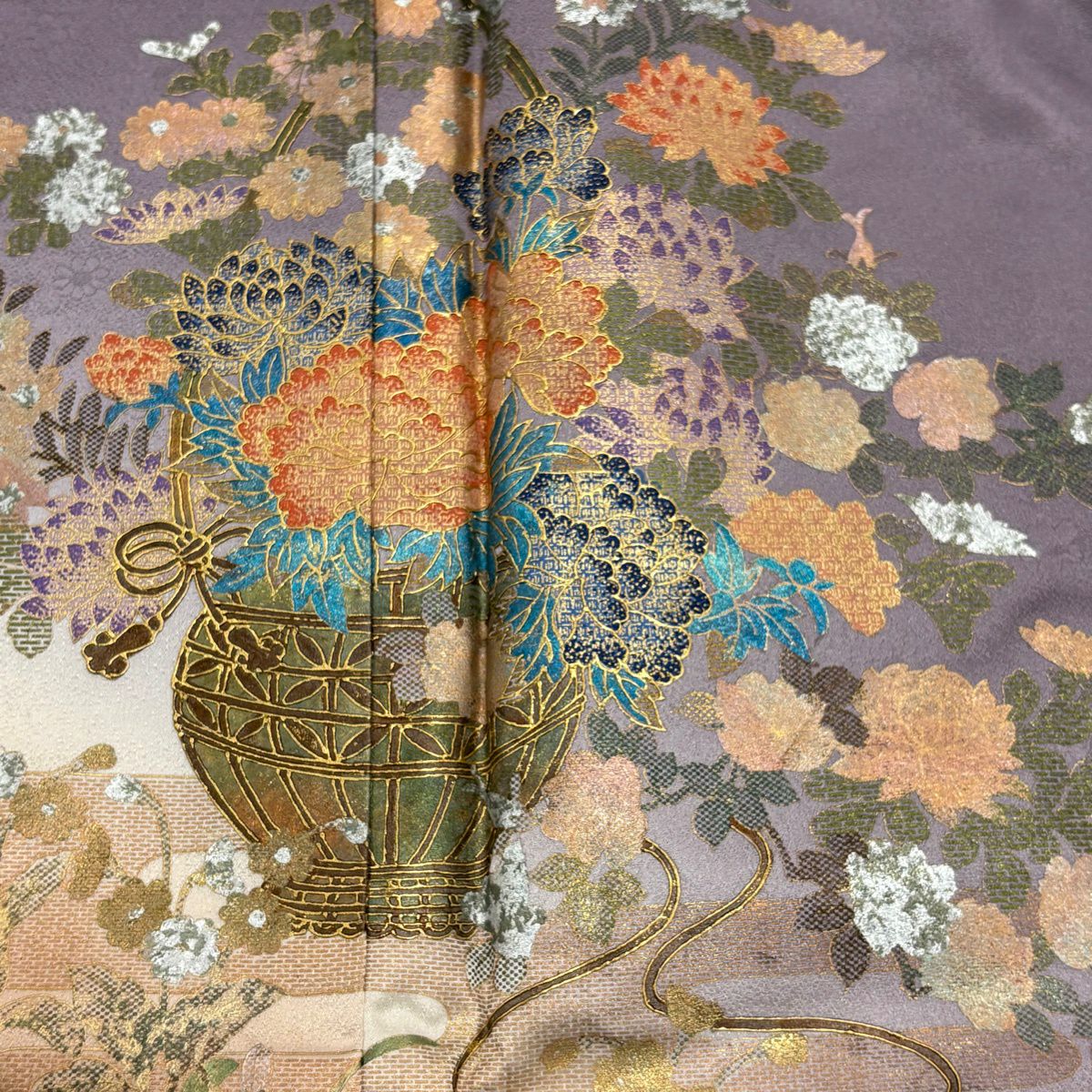 訪問服 身長160cm 袖長62cm S 雙層 花籠 波 金銀彩 染分 灰紫 純蠶絲 秀品級