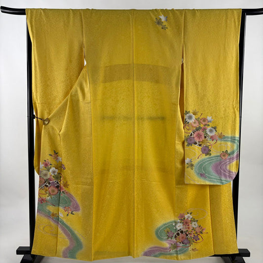 振袖禮服 身長161.5cm 袖長66cm M 雙層櫻 流水 金金箔 金銀彩 薄黃 純蠶絲 秀品級