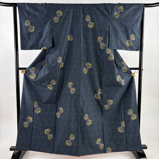 【美品】 紬織 身長164cm 袖長65cm M 雙層 薔薇 青灰 純蠶絲 秀品級