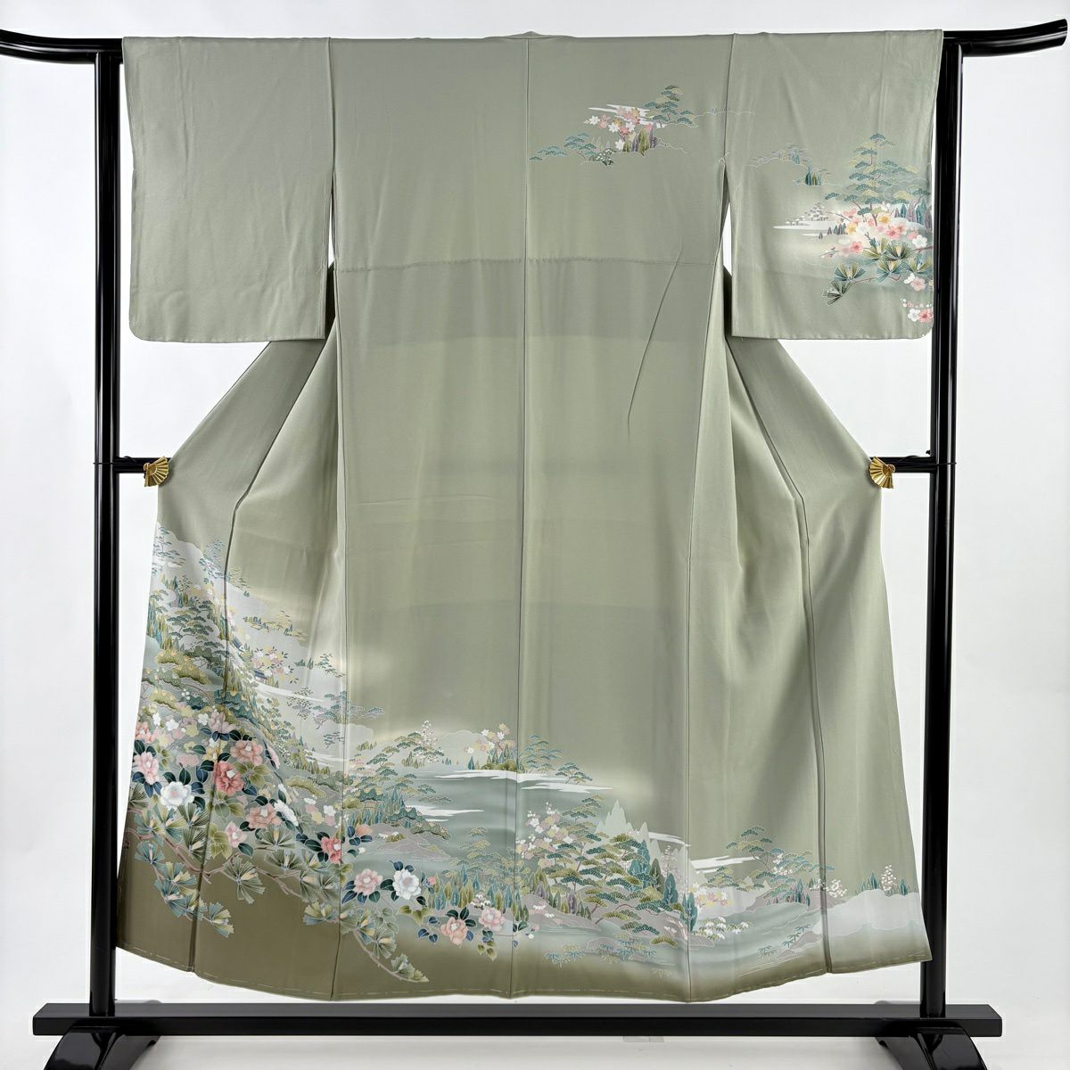 訪問服 身長153.5cm 袖長63cm S 雙層 椿 笠松樹 染分 ぼかし 灰綠 純蠶絲 秀品級