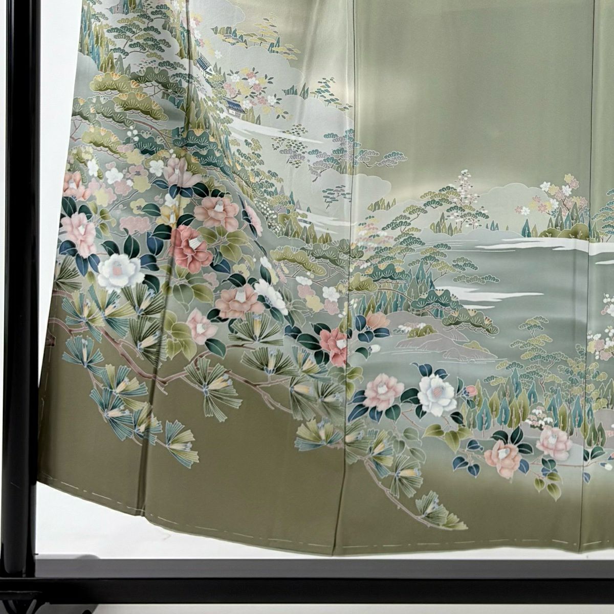 訪問服 身長153.5cm 袖長63cm S 雙層 椿 笠松樹 染分 ぼかし 灰綠 純蠶絲 秀品級