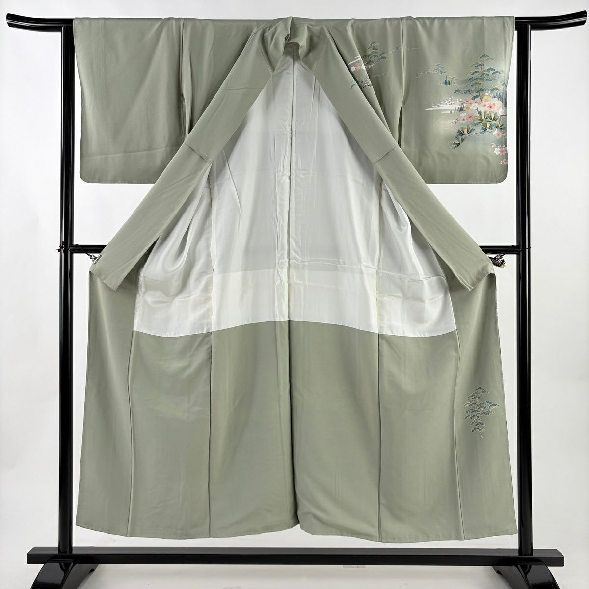 訪問服 身長153.5cm 袖長63cm S 雙層 椿 笠松樹 染分 ぼかし 灰綠 純蠶絲 秀品級