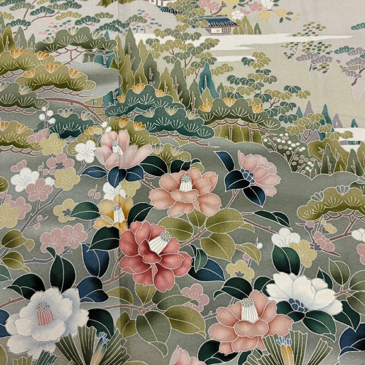 訪問服 身長153.5cm 袖長63cm S 雙層 椿 笠松樹 染分 ぼかし 灰綠 純蠶絲 秀品級