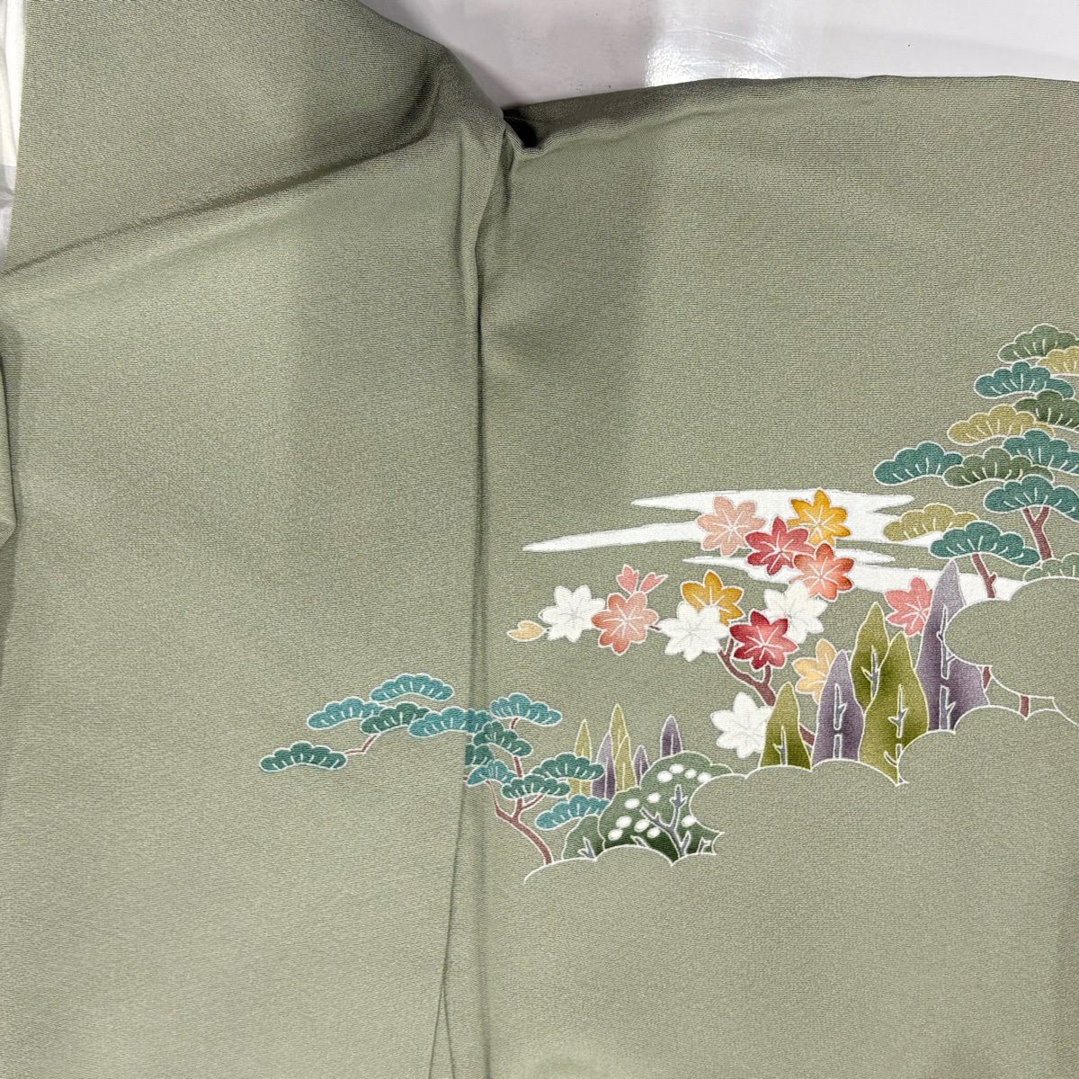 訪問服 身長153.5cm 袖長63cm S 雙層 椿 笠松樹 染分 ぼかし 灰綠 純蠶絲 秀品級