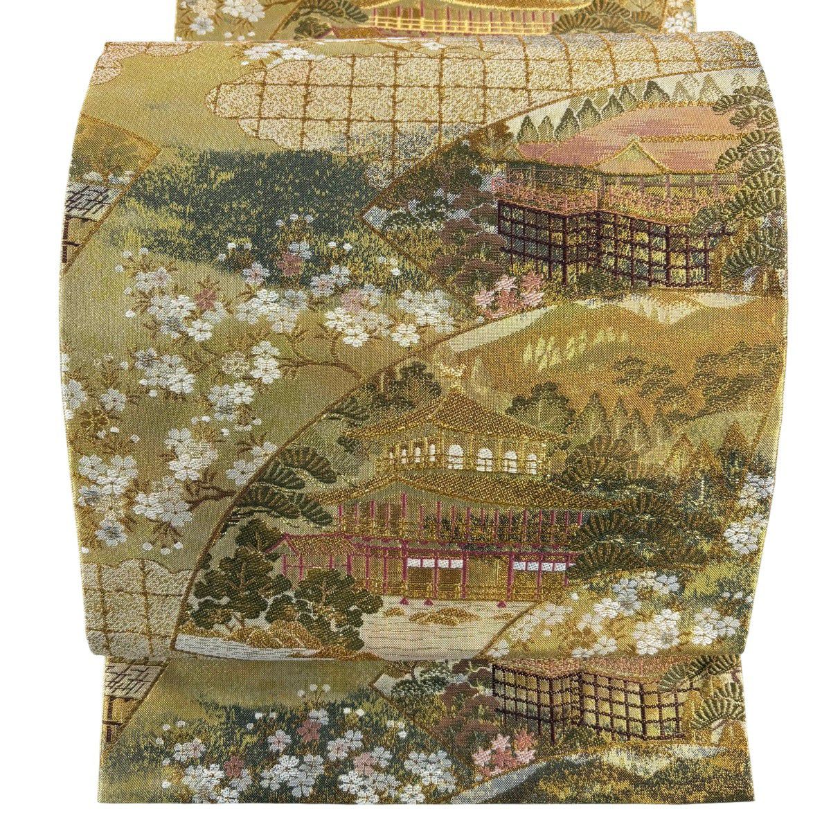 【美品】 袋帶 秀品級 扇子面 風景 金絲 金金箔 金 六通 純蠶絲