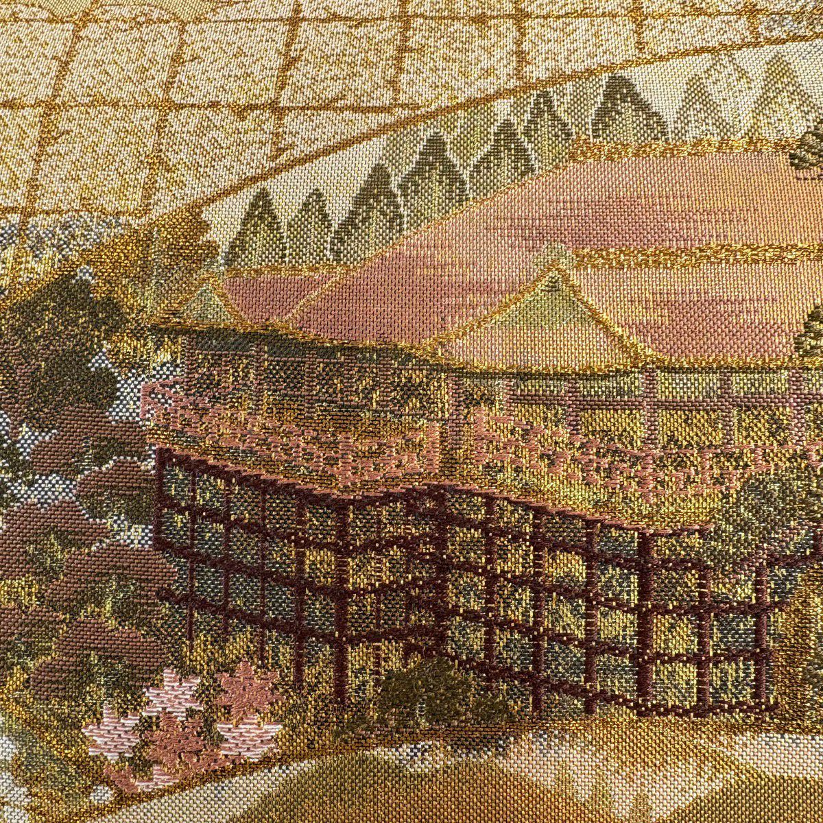 【美品】 袋帶 秀品級 扇子面 風景 金絲 金金箔 金 六通 純蠶絲