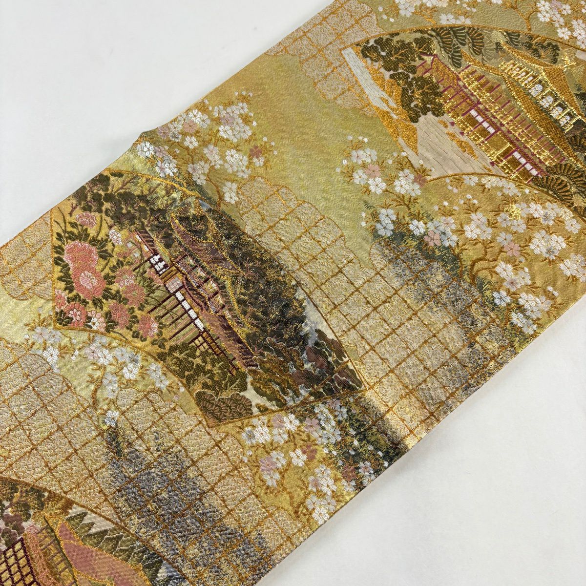 【美品】 袋帶 秀品級 扇子面 風景 金絲 金金箔 金 六通 純蠶絲