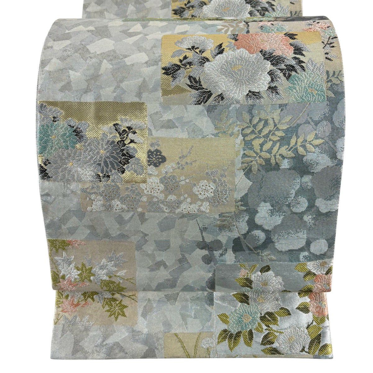 【美品】 袋帶 秀品級 名月院花短冊文 草花紋 金銀彩 金金箔 銀 六通 純蠶絲