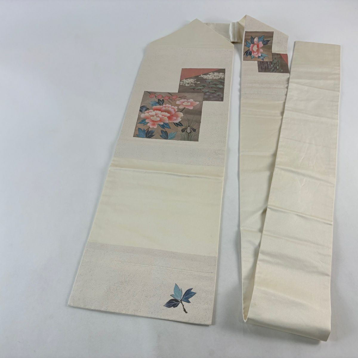 名古屋帶 秀品級 色紙 牡丹 螺鈿 金銀彩 奶油色 純蠶絲