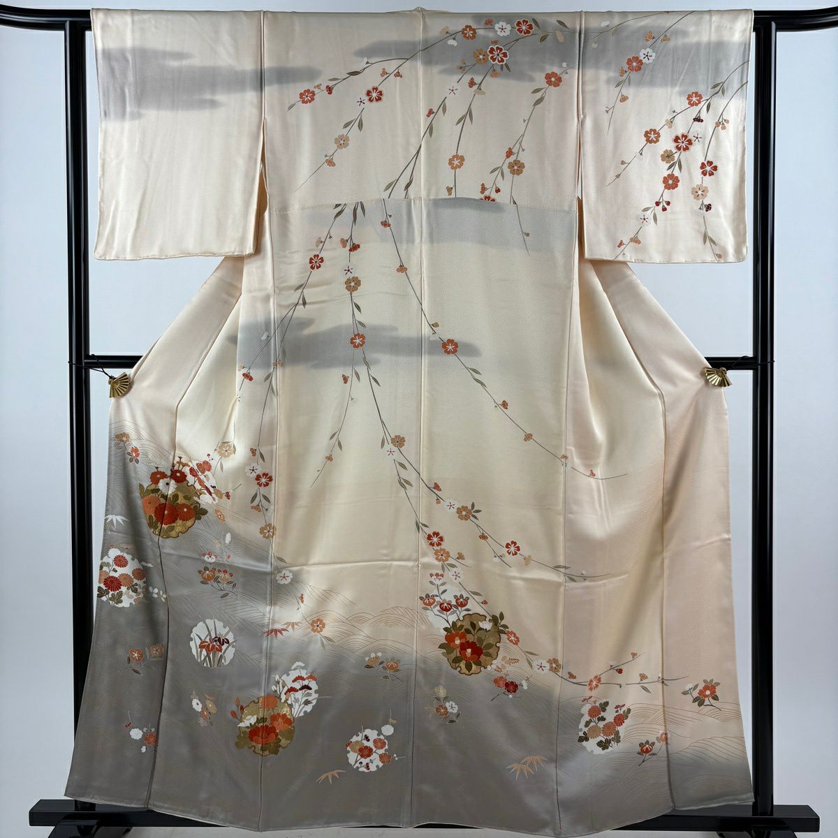 訪問服 身長158.5cm 袖長63cm S 雙層 雪輪 草花紋紋 金彩裝飾 漸層 淺橙色 純蠶絲 優品級