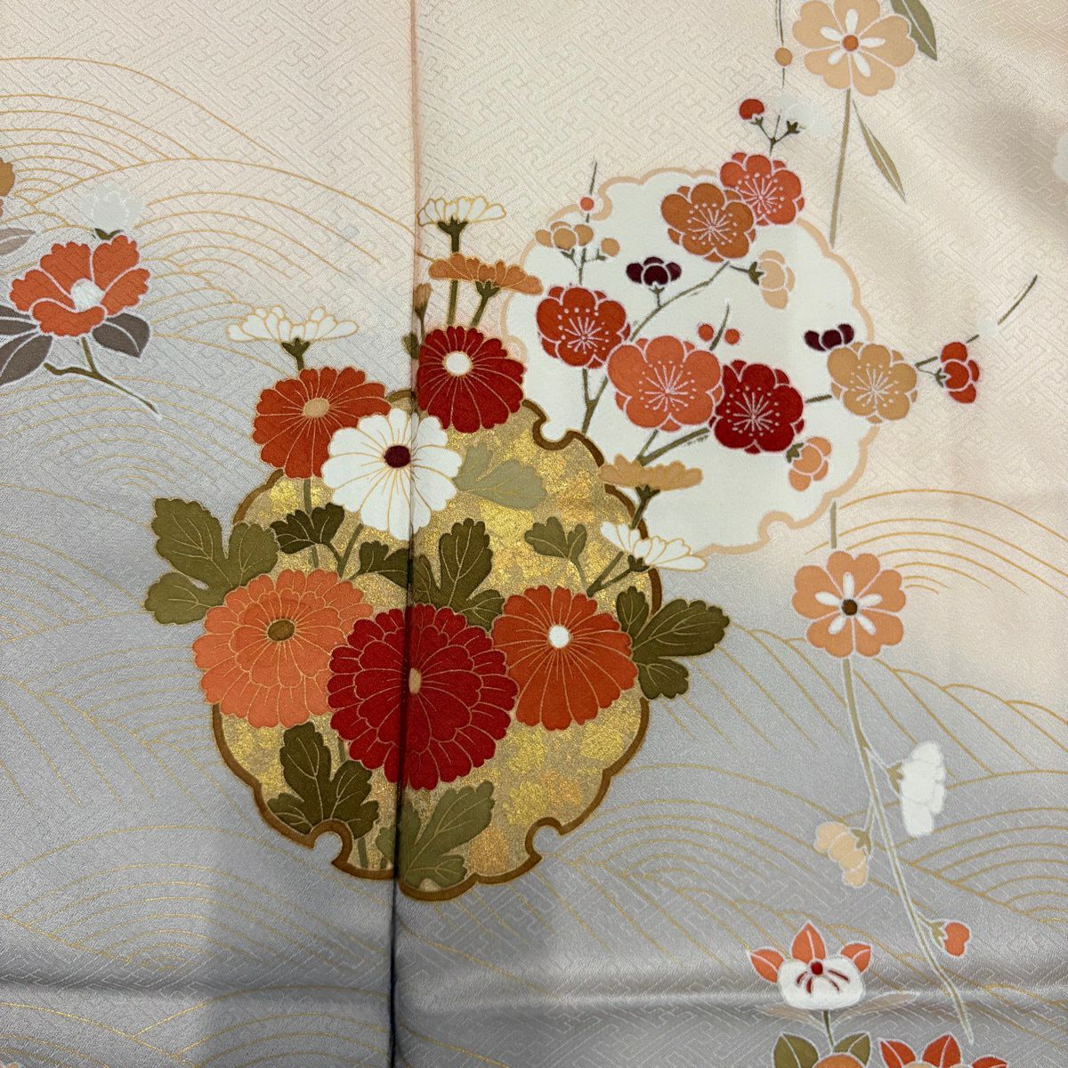 訪問服 身長158.5cm 袖長63cm S 雙層 雪輪 草花紋紋 金彩裝飾 漸層 淺橙色 純蠶絲 優品級