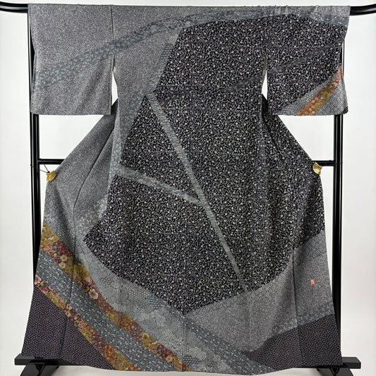 【美品】訪問服 身長160.5cm 袖長66cm M 雙層 落款あり 草花紋紋 七寶紋 黑灰 純蠶絲 秀品級