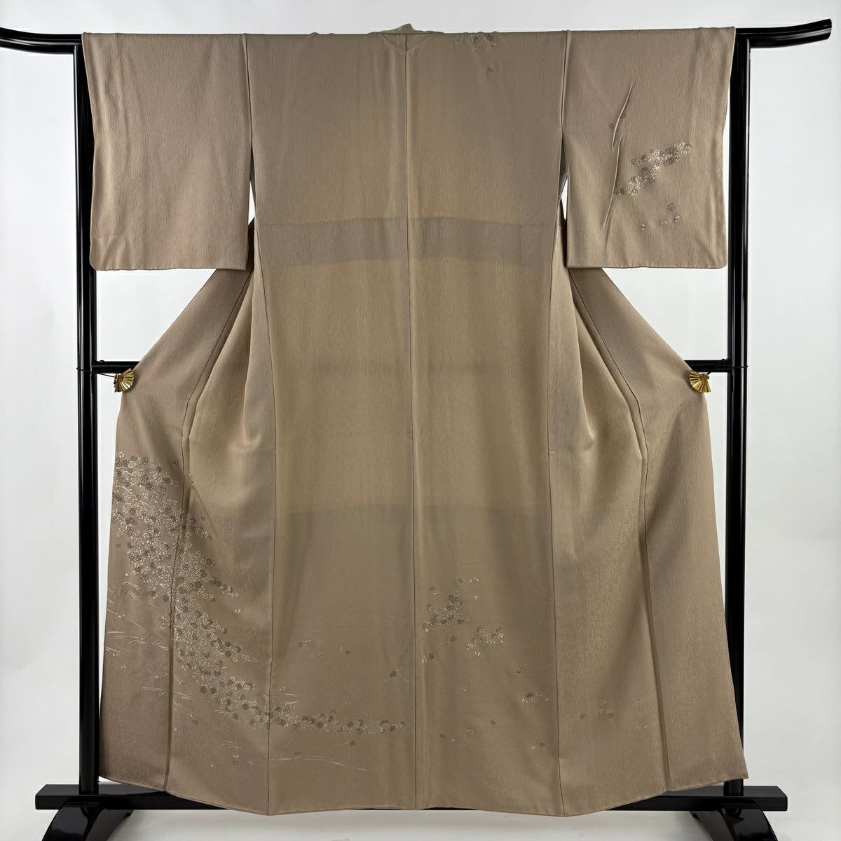 付下 身長160cm 袖長64.5cm M 雙層 草花紋紋 流水刺繡 淺茶 純蠶絲 優品級