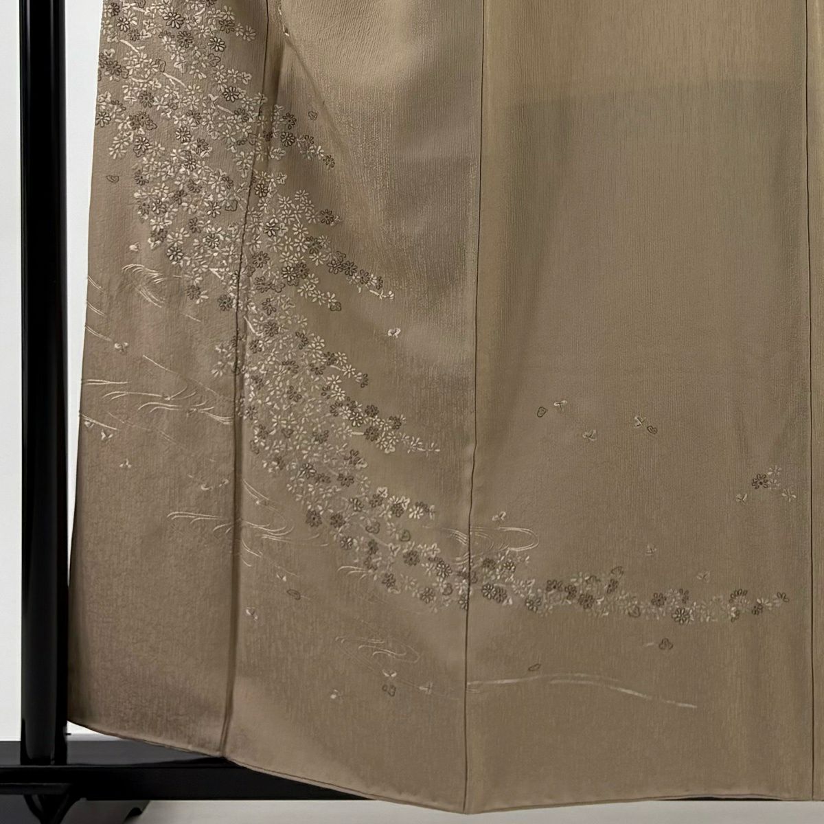 付下 身長160cm 袖長64.5cm M 雙層 草花紋紋 流水刺繡 淺茶 純蠶絲 優品級