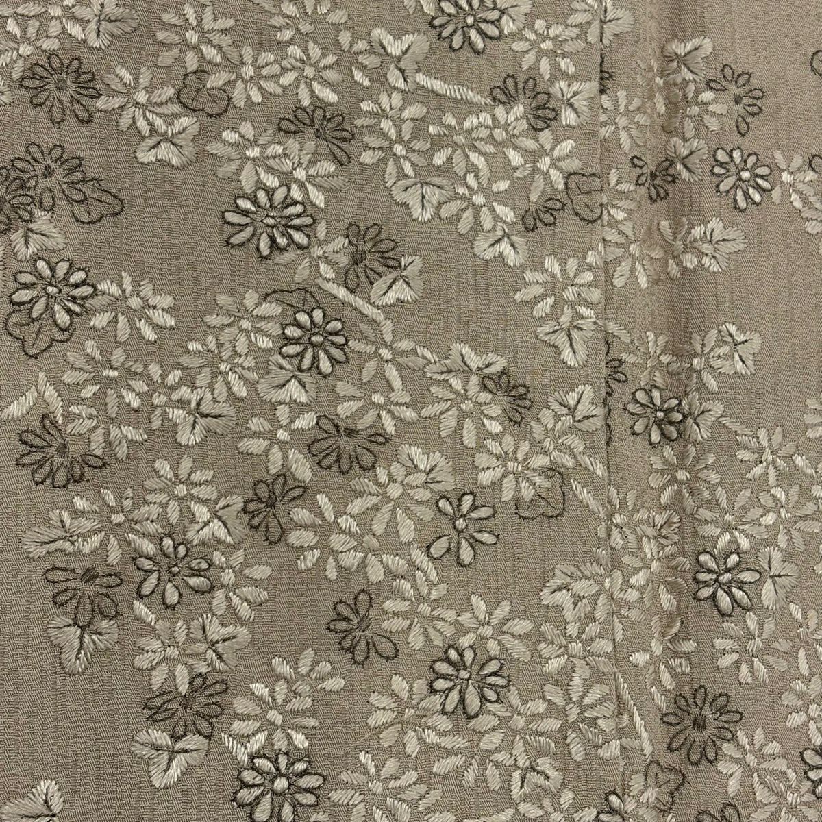 付下 身長160cm 袖長64.5cm M 雙層 草花紋紋 流水刺繡 淺茶 純蠶絲 優品級