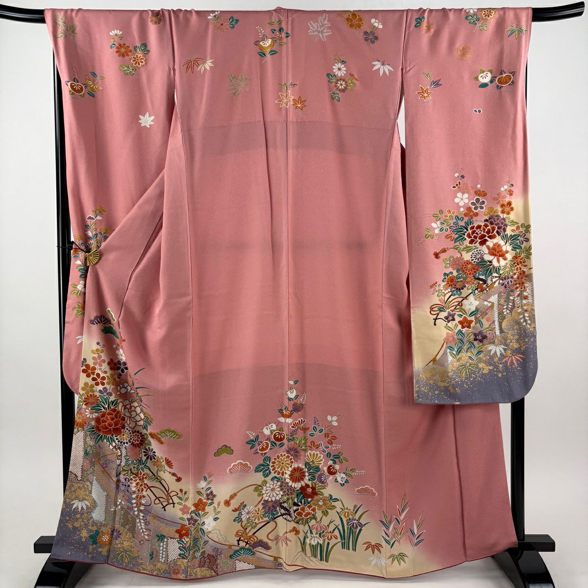 振袖禮服 身長165cm 袖長69.5cm L 雙層 花車 萬幕 金銀彩 漸層 粉色 純蠶絲 優品級