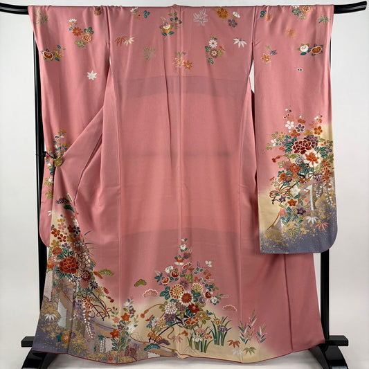 振袖禮服 身長165cm 袖長69.5cm L 雙層 花車 萬幕 金銀彩 漸層 粉色 純蠶絲 優品級