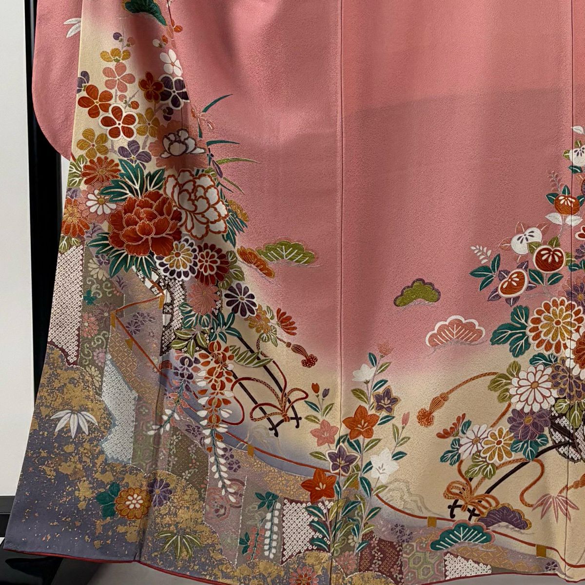 振袖禮服 身長165cm 袖長69.5cm L 雙層 花車 萬幕 金銀彩 漸層 粉色 純蠶絲 優品級