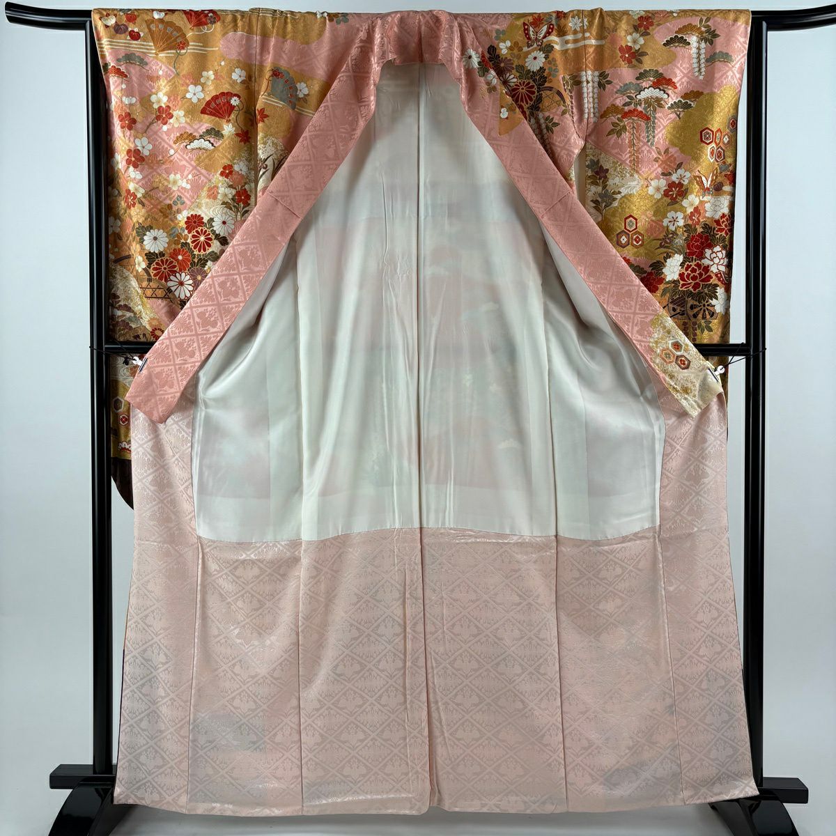 振袖禮服 身長162.5cm 袖長65cm M 雙層 花車 蝶 金彩裝飾 染分 粉紅 純蠶絲 秀品級