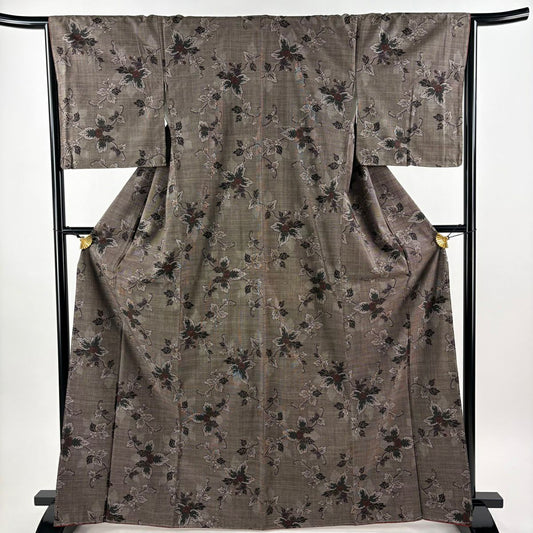 【美品】 紬織織 身長167.5cm 袖長65.5cm M 雙層 草花紋紋 焦茶 純蠶絲 秀品級