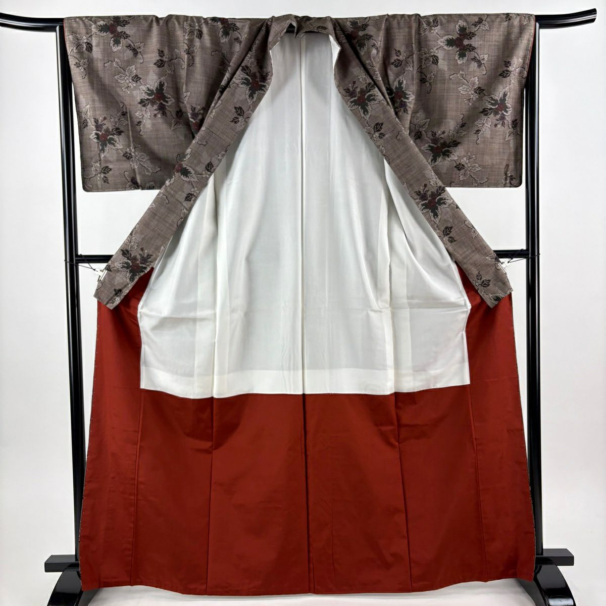 【美品】 紬織織 身長167.5cm 袖長65.5cm M 雙層 草花紋紋 焦茶 純蠶絲 秀品級