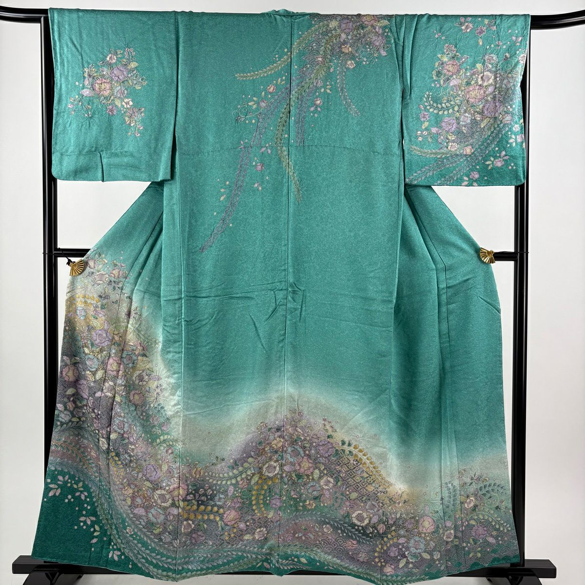 訪問服 身長157cm 袖長65.5cm M 雙層 辻花染 金銀彩 絞染 青綠 純蠶絲 秀品級