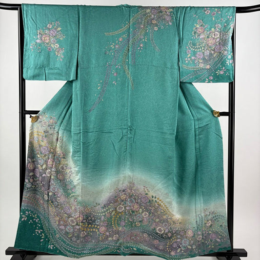 訪問服 身長157cm 袖長65.5cm M 雙層 辻花染 金銀彩 絞染 青綠 純蠶絲 秀品級