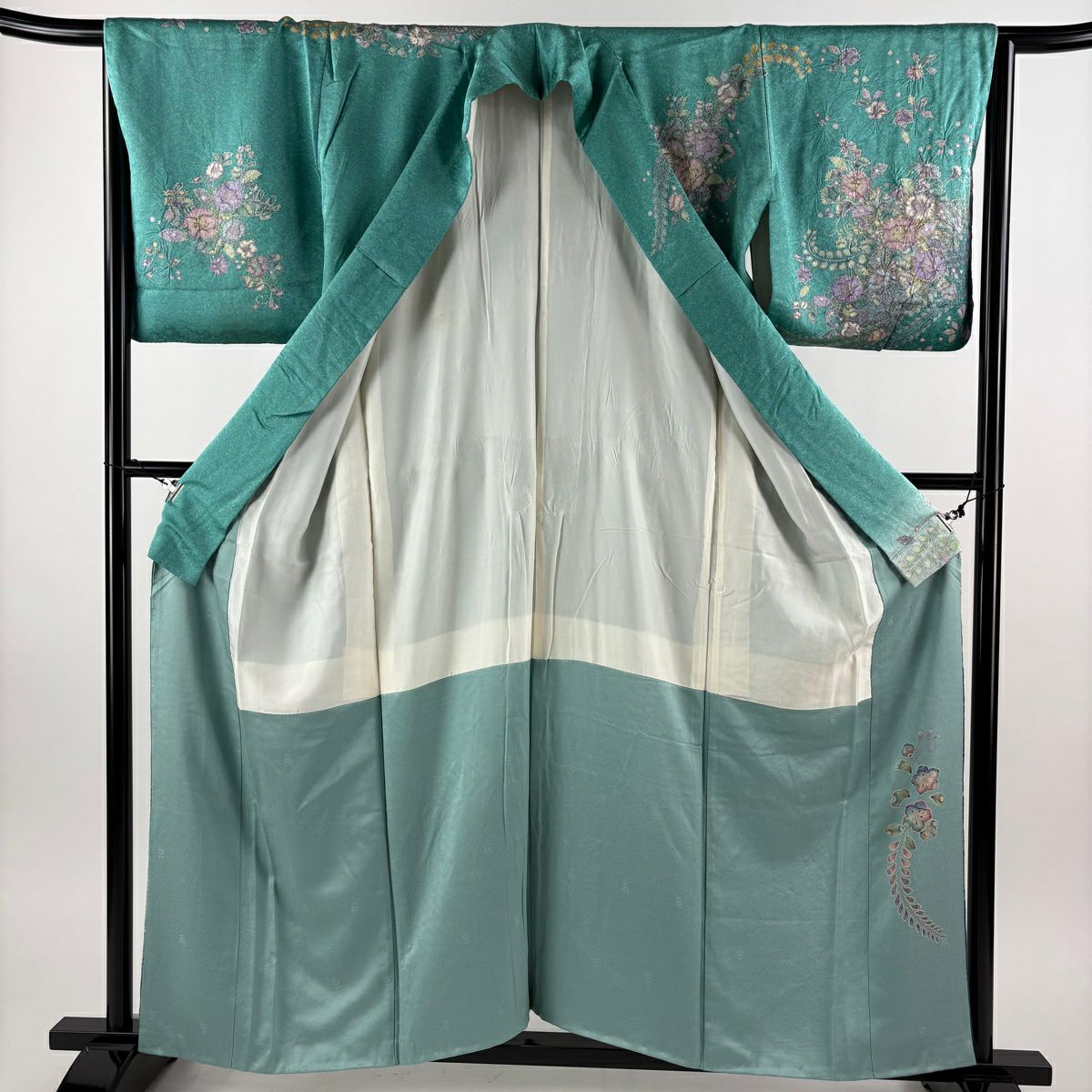 訪問服 身長157cm 袖長65.5cm M 雙層 辻花染 金銀彩 絞染 青綠 純蠶絲 秀品級