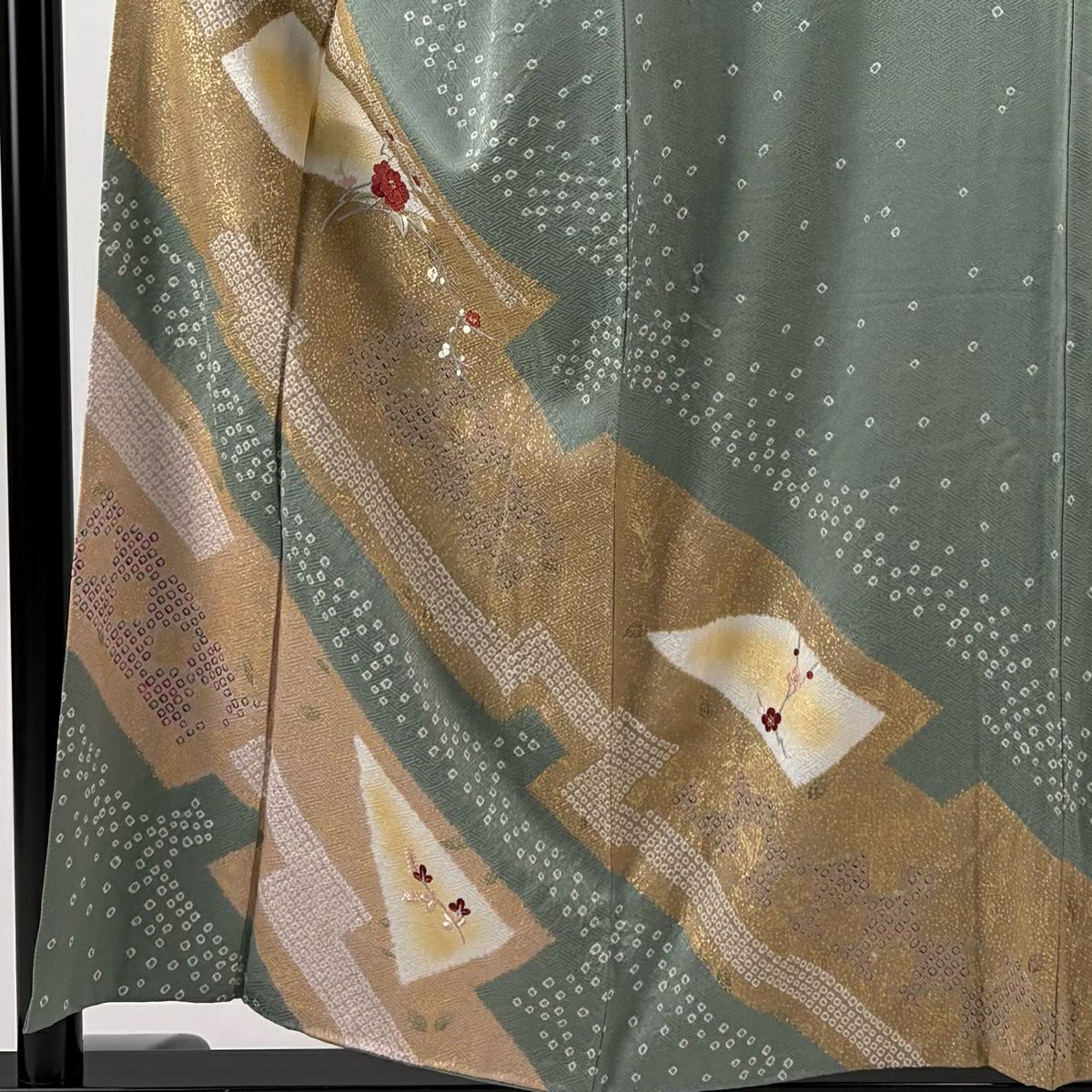 【美品】訪問服 身長155cm 袖長64.5cm M 雙層 椿 幾何學 刺繡 絞染 灰綠 純蠶絲 秀品級