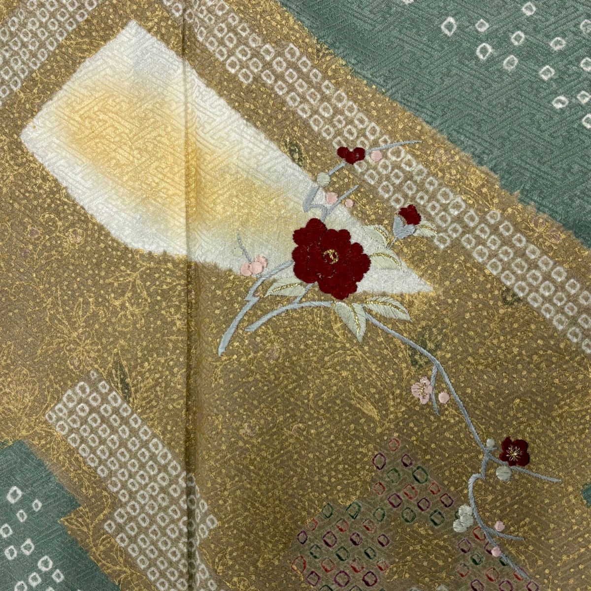 【美品】訪問服 身長155cm 袖長64.5cm M 雙層 椿 幾何學 刺繡 絞染 灰綠 純蠶絲 秀品級