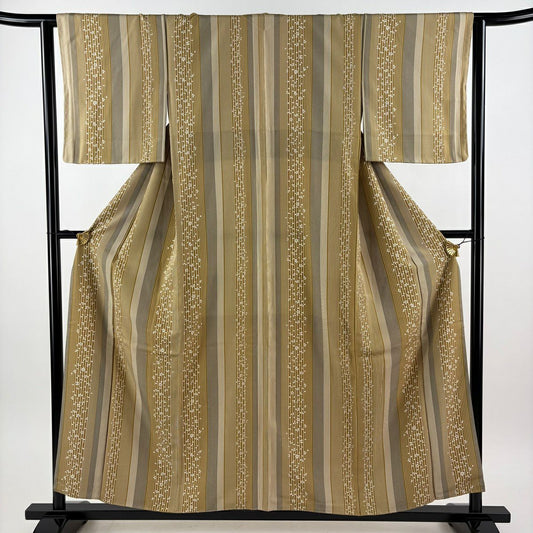 【美品】 小紋 身長156cm 袖長62.5cm S 雙層 櫻花 垂直條紋 黃土色 純蠶絲 優品級