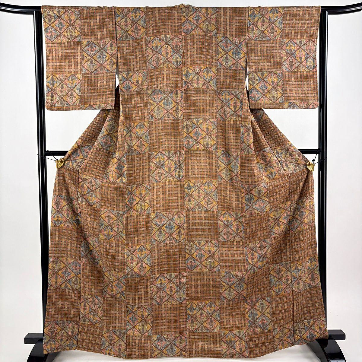 【美品】 小紋 身長166cm 袖長63.5cm S 雙層 向鳥 變市松樹 茶 純蠶絲 秀品級