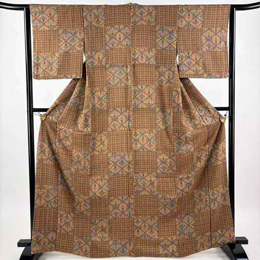 【美品】 小紋 身長166cm 袖長63.5cm S 雙層 向鳥 變市松樹 茶 純蠶絲 秀品級