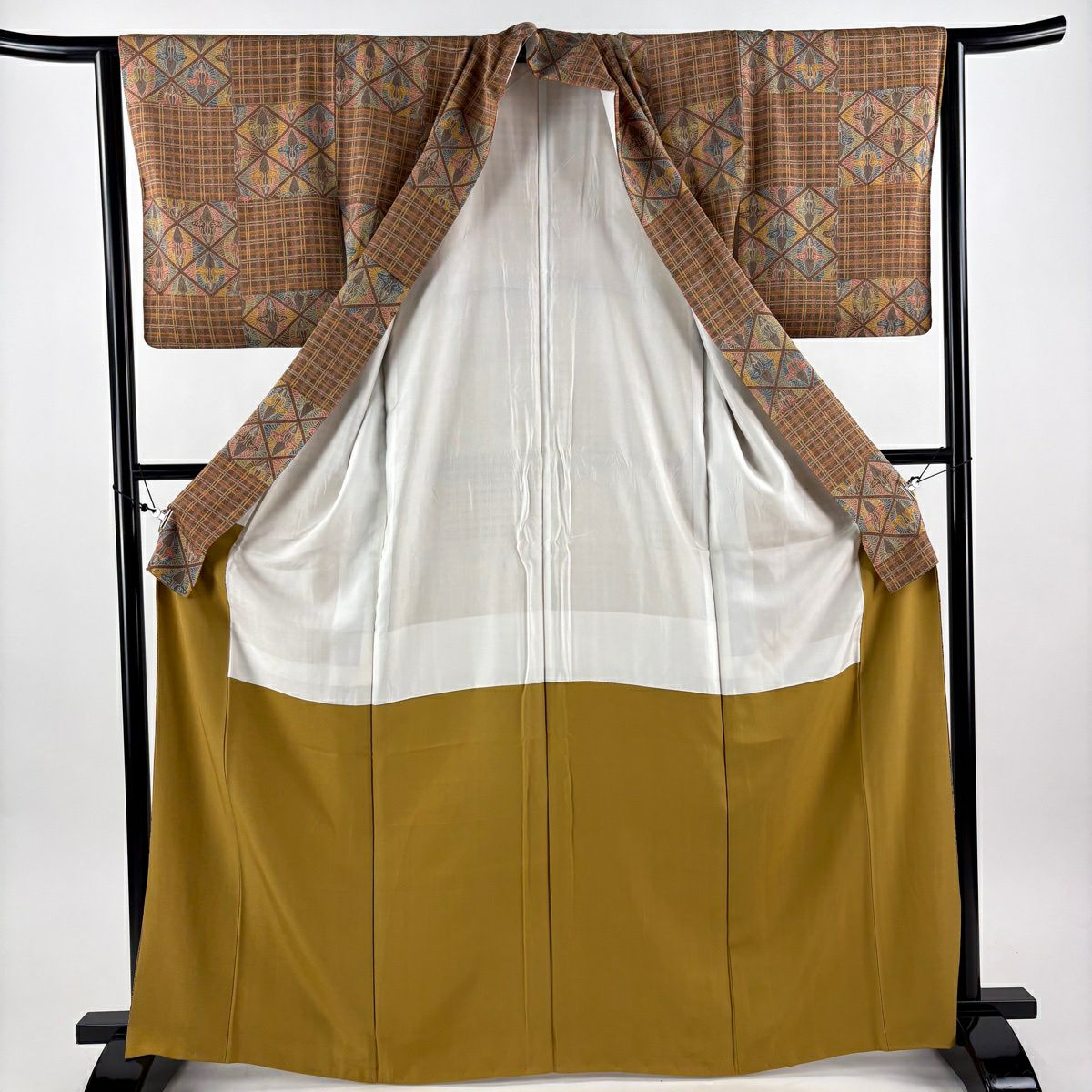 【美品】 小紋 身長166cm 袖長63.5cm S 雙層 向鳥 變市松樹 茶 純蠶絲 秀品級