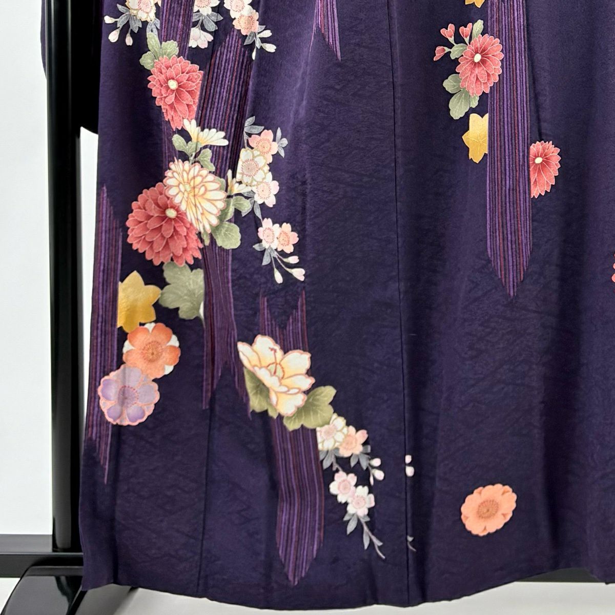 振袖禮服 身長159cm 袖長69cm L 雙層 大和 菊花花 櫻花 金銀彩 深紫 純蠶絲 優品級