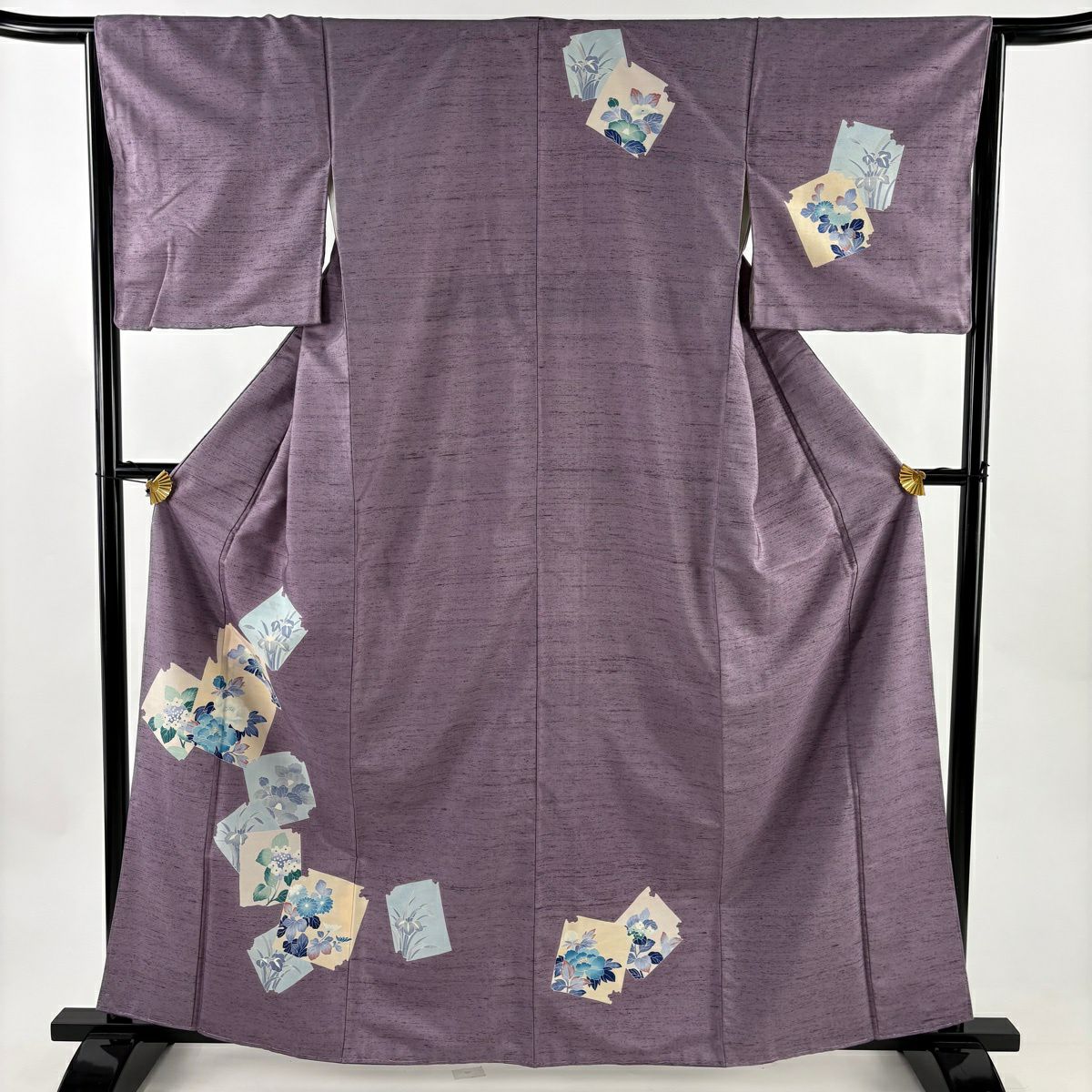 【美品】 付下 身長162.5cm 袖長65cm M 雙層 紬織織 破れ色紙 草花紋紋 紫 純蠶絲 秀品級