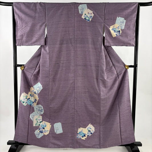 【美品】 付下 身長162.5cm 袖長65cm M 雙層 紬織織 破れ色紙 草花紋紋 紫 純蠶絲 秀品級