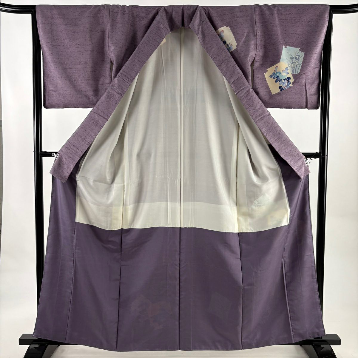 【美品】 付下 身長162.5cm 袖長65cm M 雙層 紬織織 破れ色紙 草花紋紋 紫 純蠶絲 秀品級