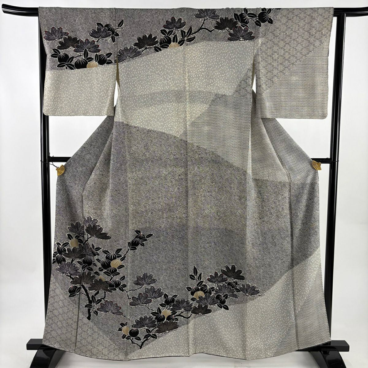訪問服 身長163.5cm 袖長64.5cm M 雙層 コシノヒロコ 落款あり 笠松樹 橘 金銀彩 灰白 純蠶絲 秀品級