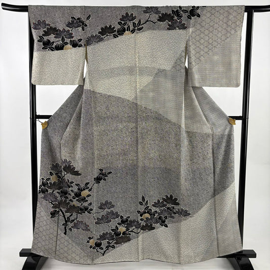 訪問服 身長163.5cm 袖長64.5cm M 雙層 コシノヒロコ 落款あり 笠松樹 橘 金銀彩 灰白 純蠶絲 秀品級