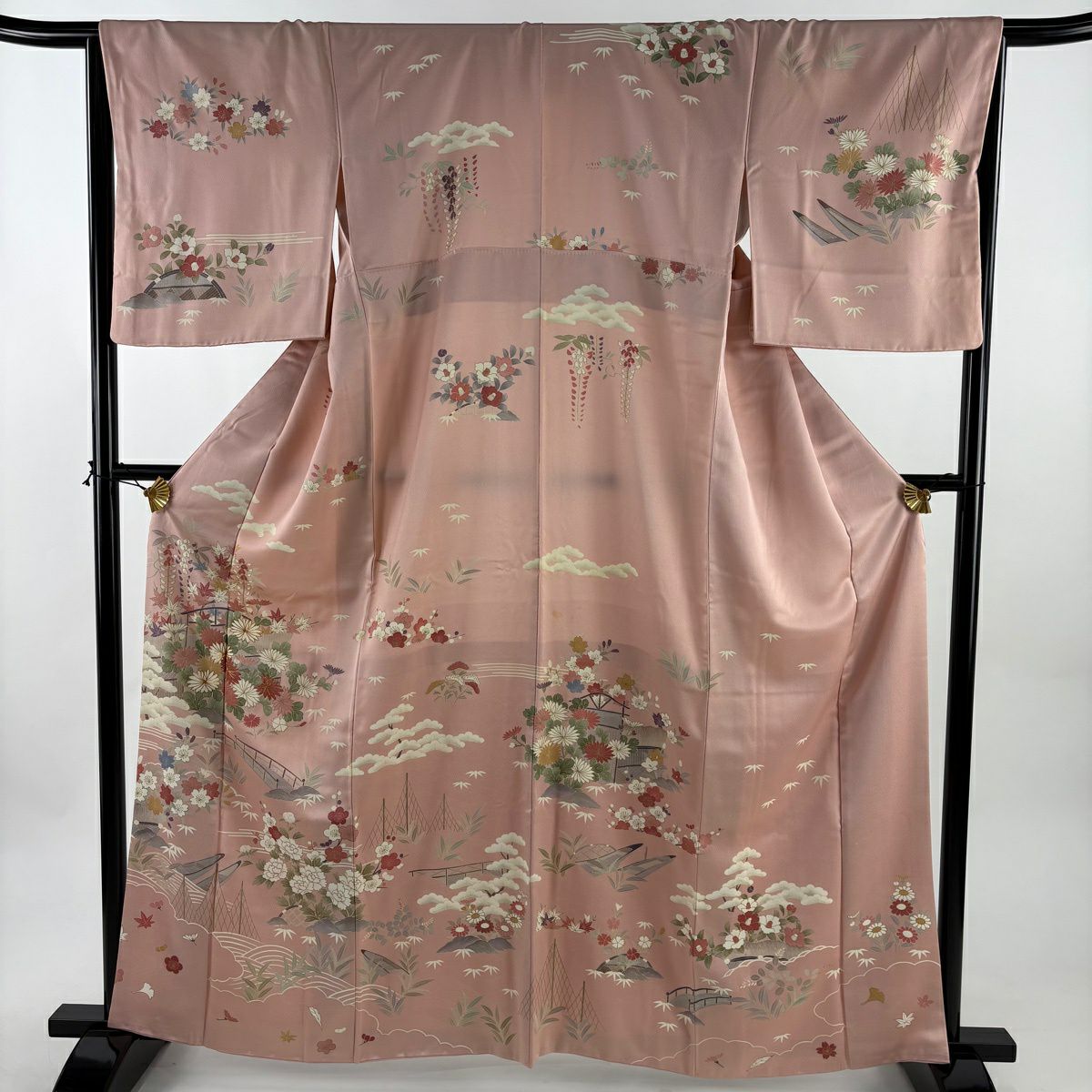 訪問服 身長162cm 袖長66.5cm M 雙層 菊花 松樹竹子梅花 金絲 金銀彩 粉紅 純蠶絲 秀品級