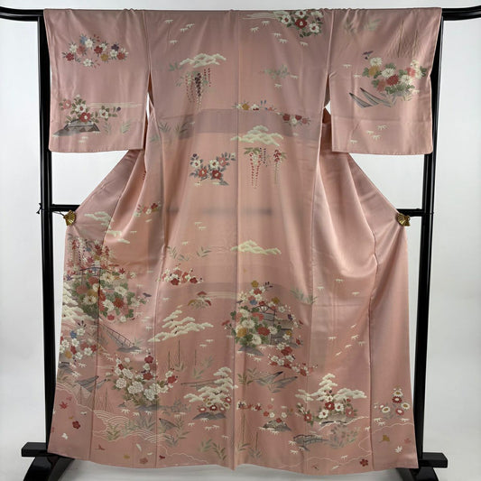 訪問服 身長162cm 袖長66.5cm M 雙層 菊花 松樹竹子梅花 金絲 金銀彩 粉紅 純蠶絲 秀品級