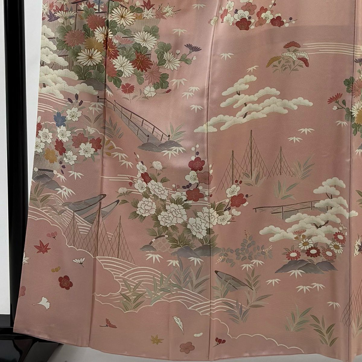 訪問服 身長162cm 袖長66.5cm M 雙層 菊花 松樹竹子梅花 金絲 金銀彩 粉紅 純蠶絲 秀品級