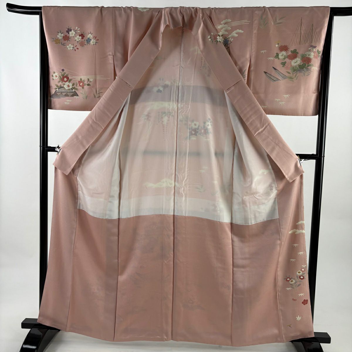 訪問服 身長162cm 袖長66.5cm M 雙層 菊花 松樹竹子梅花 金絲 金銀彩 粉紅 純蠶絲 秀品級