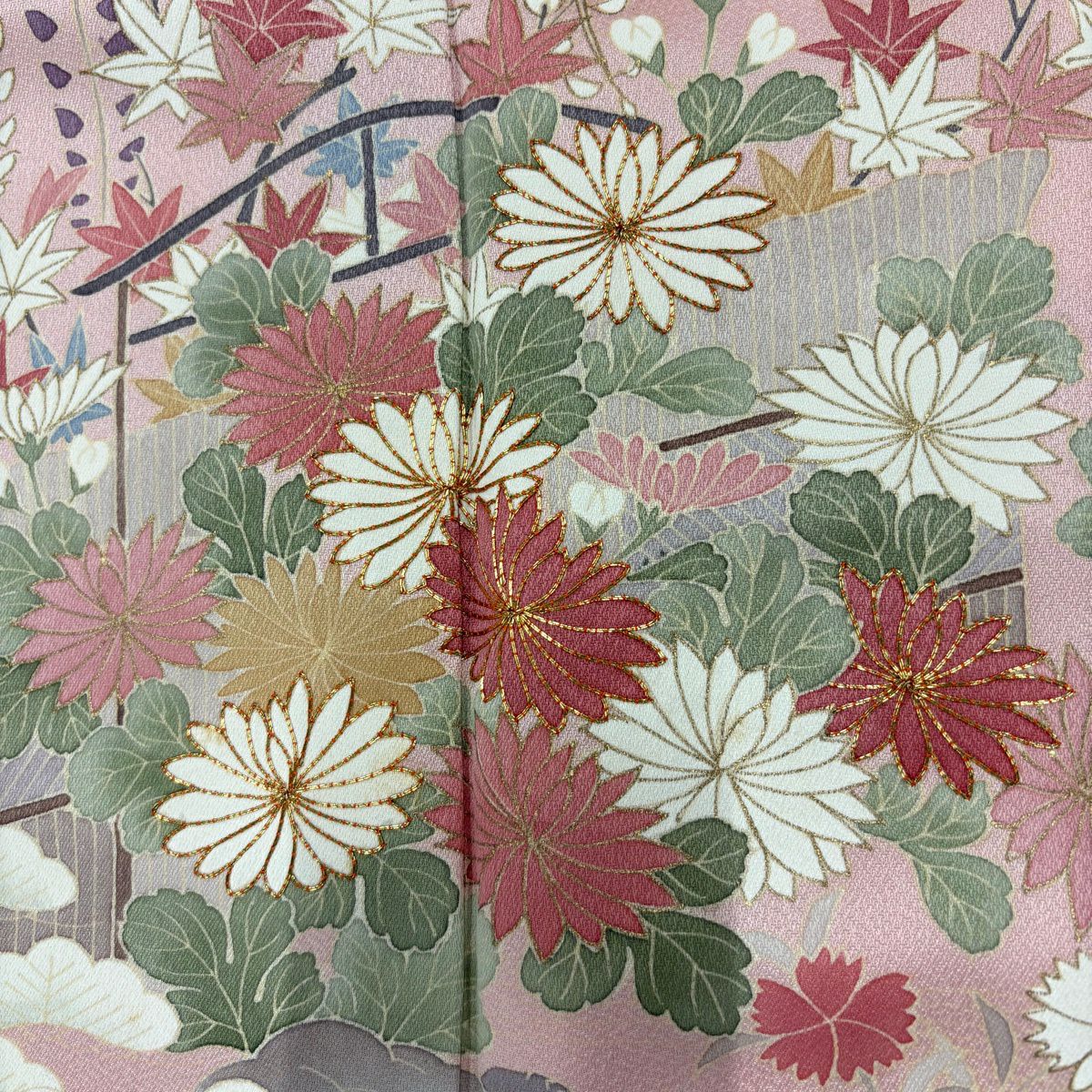 訪問服 身長162cm 袖長66.5cm M 雙層 菊花 松樹竹子梅花 金絲 金銀彩 粉紅 純蠶絲 秀品級